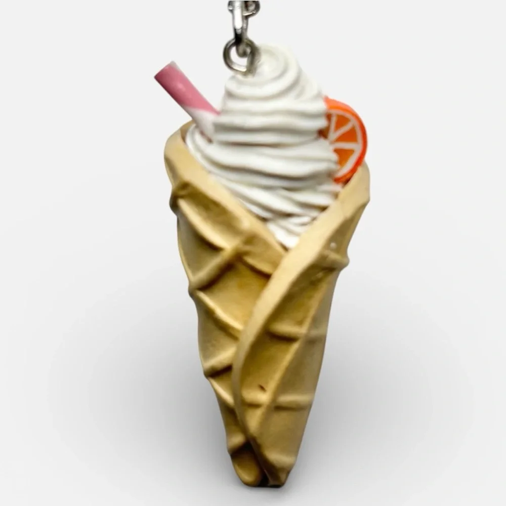 Handmade Ice Cream Waffle Cone Necklace with Pink & White Straw and Orange Slice
